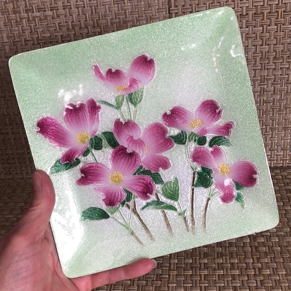 Japanese Cloisonné Enamel Pink Floral Green Background Decorative Square Plate - Picture 4 of 9